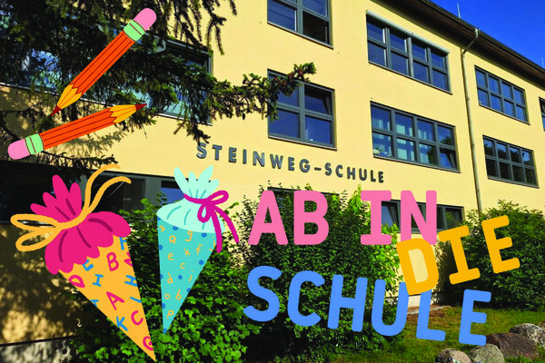 Bild vergr&ouml;&szlig;ern: Schulgeb�ude, Schriftzug und grafischen Elementen, wie Schult�ten und Buntstiften