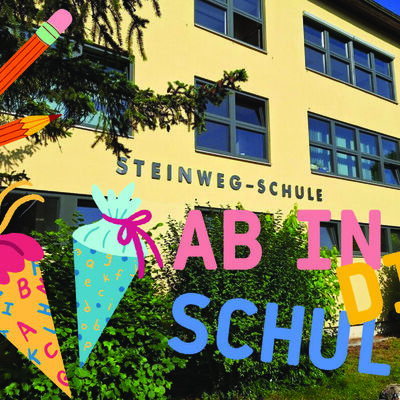 Schulgeb&auml;ude, Schriftzug und grafischen Elementen, wie Schult&uuml;ten und Buntstiften