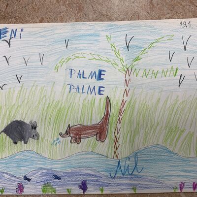 Bild vergr&ouml;&szlig;ern: Von einem Kind gemaltes Bild mit Fuchs und Wildschwein
